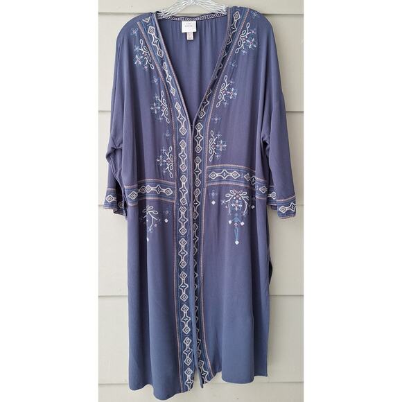 Knox Rose open Duster Kimono Rayon Cardigan Swim cover Blue/purple Embroidered L - Picture 1 of 8